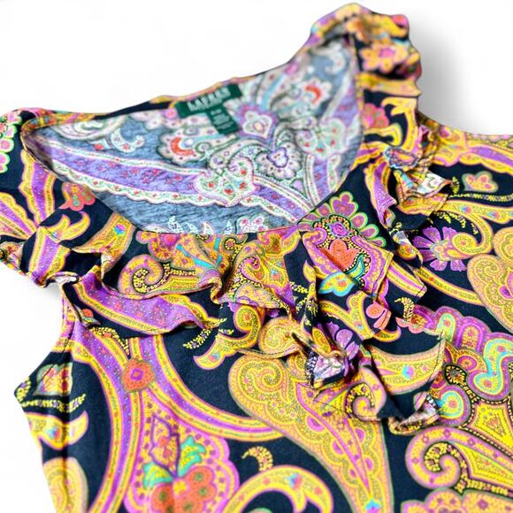 Lauren Ralph Lauren Sleeveless Top M PET Paisley Exaggerated Ruffle Y2K Dopamine - Picture 3 of 9